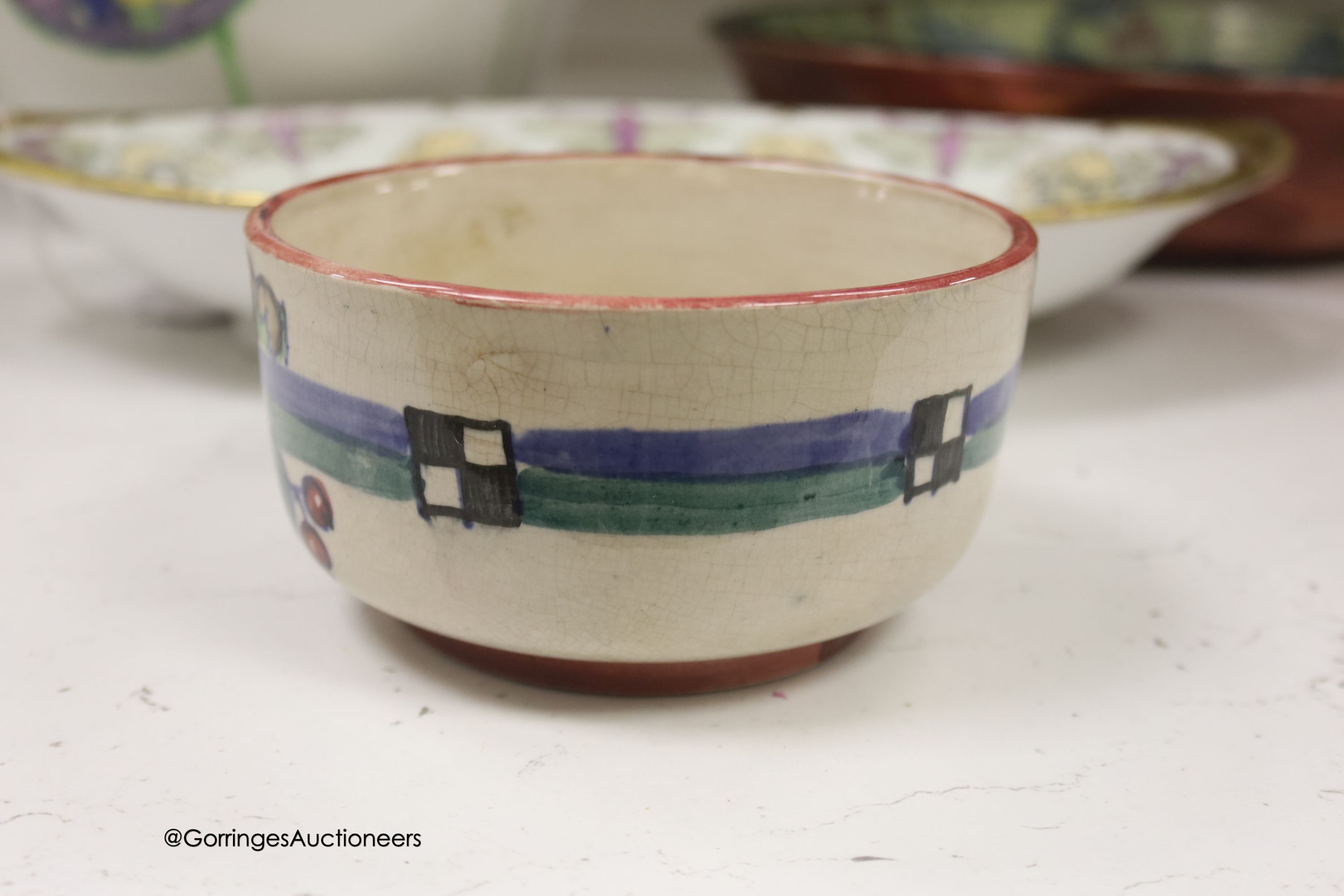Three Scottish art pottery bowls, two signed Bough, one signed Mak Merry, and a Scottish decorated Rosenthal serving dish